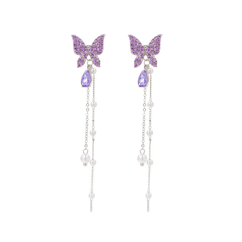 FTCY Purple Butterfly Tassel Earrings for Women Crystal Simulation Pearl Tassel Stud Earrings Women's Party Jewelry Gift