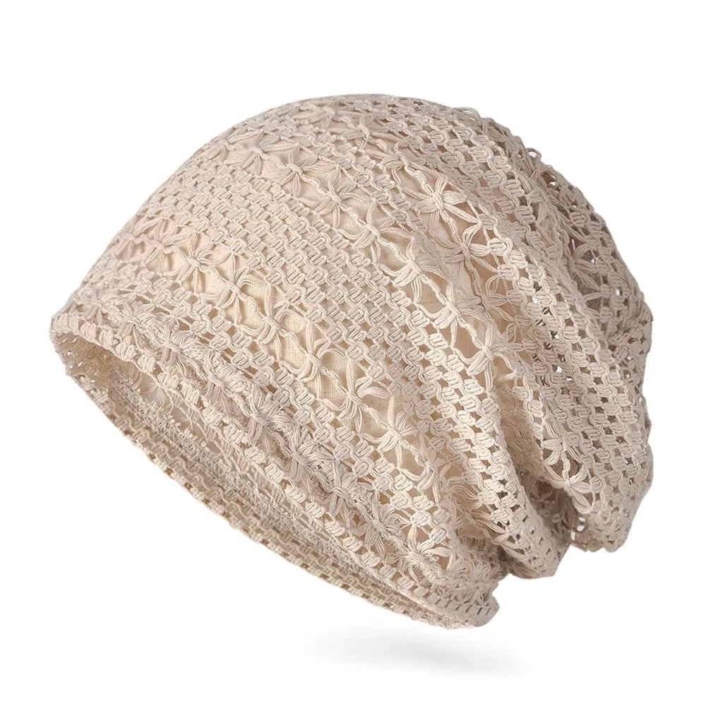 New Fashion High Quality Cotton Women Beanie Hat Floral Handmade Skull Cap Lightweight Crochet Slouchy Knitted Hat Summer