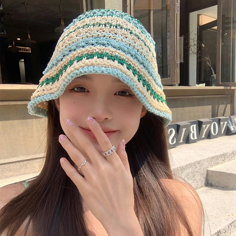 Summer Versatile Hollow Breathable Sunscreen Korean Trendy Knitted Striped Bucket Hat .Handmade Crochet Outdoor Beach Sun Cap