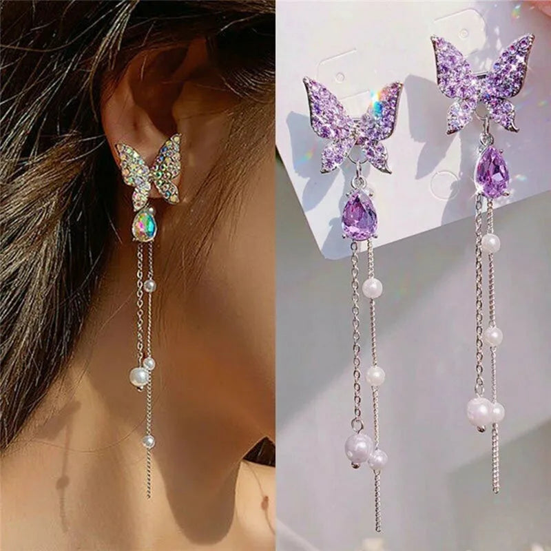 FTCY Purple Butterfly Tassel Earrings for Women Crystal Simulation Pearl Tassel Stud Earrings Women's Party Jewelry Gift