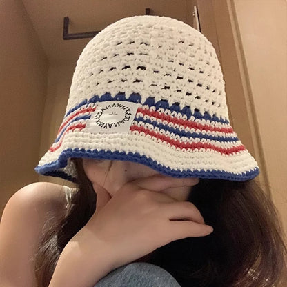 Summer Versatile Hollow Breathable Sunscreen Korean Trendy Knitted Striped Bucket Hat .Handmade Crochet Outdoor Beach Sun Cap