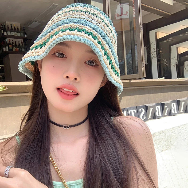 Summer Versatile Hollow Breathable Sunscreen Korean Trendy Knitted Striped Bucket Hat .Handmade Crochet Outdoor Beach Sun Cap