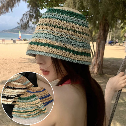 Summer Versatile Hollow Breathable Sunscreen Korean Trendy Knitted Striped Bucket Hat .Handmade Crochet Outdoor Beach Sun Cap
