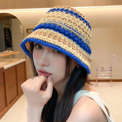 Summer Versatile Hollow Breathable Sunscreen Korean Trendy Knitted Striped Bucket Hat .Handmade Crochet Outdoor Beach Sun Cap