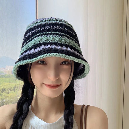 Summer Versatile Hollow Breathable Sunscreen Korean Trendy Knitted Striped Bucket Hat .Handmade Crochet Outdoor Beach Sun Cap