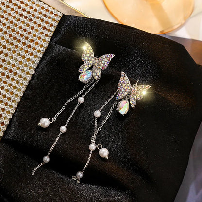 FTCY Purple Butterfly Tassel Earrings for Women Crystal Simulation Pearl Tassel Stud Earrings Women's Party Jewelry Gift
