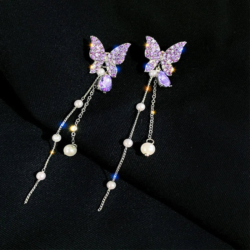 FTCY Purple Butterfly Tassel Earrings for Women Crystal Simulation Pearl Tassel Stud Earrings Women's Party Jewelry Gift