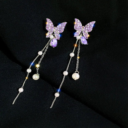 FTCY Purple Butterfly Tassel Earrings for Women Crystal Simulation Pearl Tassel Stud Earrings Women's Party Jewelry Gift