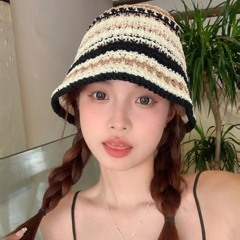 Summer Versatile Hollow Breathable Sunscreen Korean Trendy Knitted Striped Bucket Hat .Handmade Crochet Outdoor Beach Sun Cap