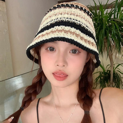 Summer Versatile Hollow Breathable Sunscreen Korean Trendy Knitted Striped Bucket Hat .Handmade Crochet Outdoor Beach Sun Cap