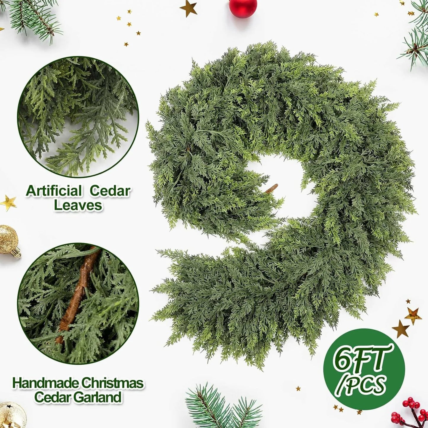 6.6ft Handmade Christmas Garland Artificial Cedar Needles Green Seasonal Garland Christmas  Indoor Outdoor Christmas Decoration