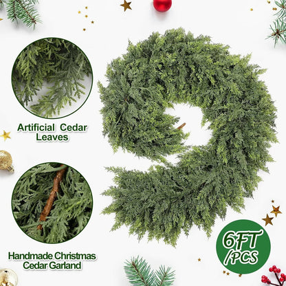 6.6ft Handmade Christmas Garland Artificial Cedar Needles Green Seasonal Garland Christmas  Indoor Outdoor Christmas Decoration