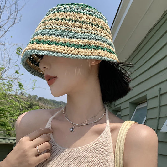 Summer Versatile Hollow Breathable Sunscreen Korean Trendy Knitted Striped Bucket Hat .Handmade Crochet Outdoor Beach Sun Cap