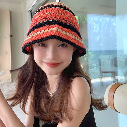 Summer Versatile Hollow Breathable Sunscreen Korean Trendy Knitted Striped Bucket Hat .Handmade Crochet Outdoor Beach Sun Cap