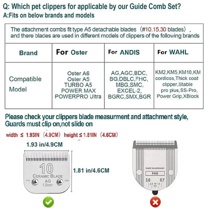 Pet 9 Color Stainless Steel Comb Set For Andis, Oster A5, Wahl KM Series Detachable Blade Animal Clippers (only size 10/15/30)