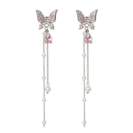 FTCY Purple Butterfly Tassel Earrings for Women Crystal Simulation Pearl Tassel Stud Earrings Women's Party Jewelry Gift