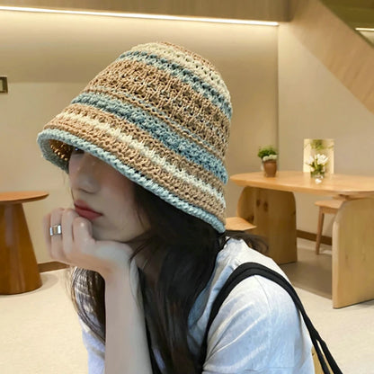Summer Versatile Hollow Breathable Sunscreen Korean Trendy Knitted Striped Bucket Hat .Handmade Crochet Outdoor Beach Sun Cap