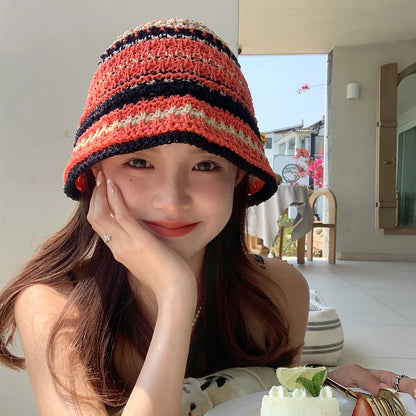 Summer Versatile Hollow Breathable Sunscreen Korean Trendy Knitted Striped Bucket Hat .Handmade Crochet Outdoor Beach Sun Cap