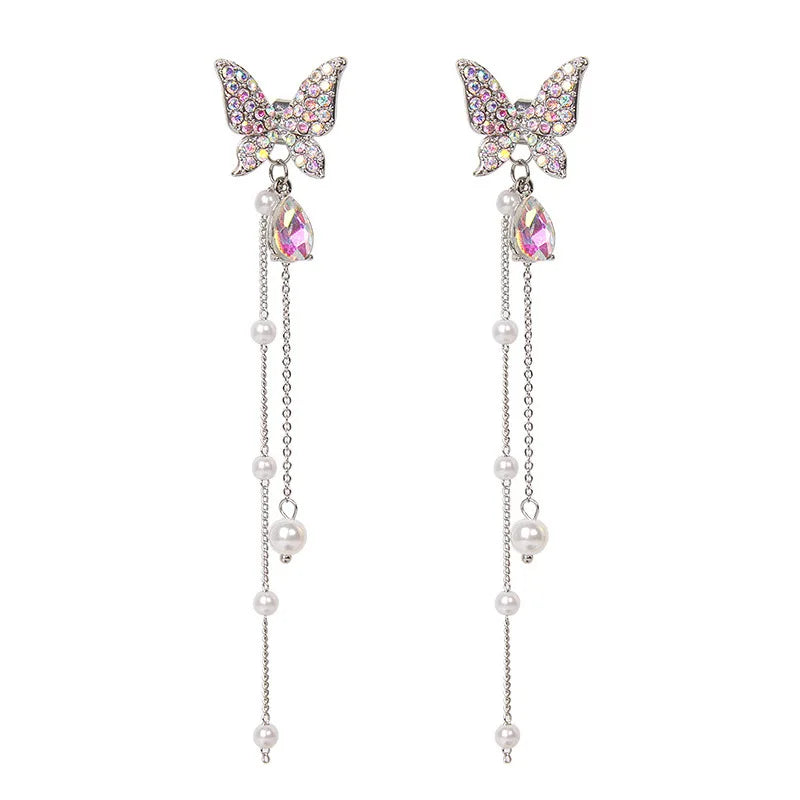 FTCY Purple Butterfly Tassel Earrings for Women Crystal Simulation Pearl Tassel Stud Earrings Women's Party Jewelry Gift