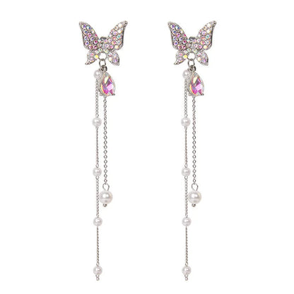 FTCY Purple Butterfly Tassel Earrings for Women Crystal Simulation Pearl Tassel Stud Earrings Women's Party Jewelry Gift